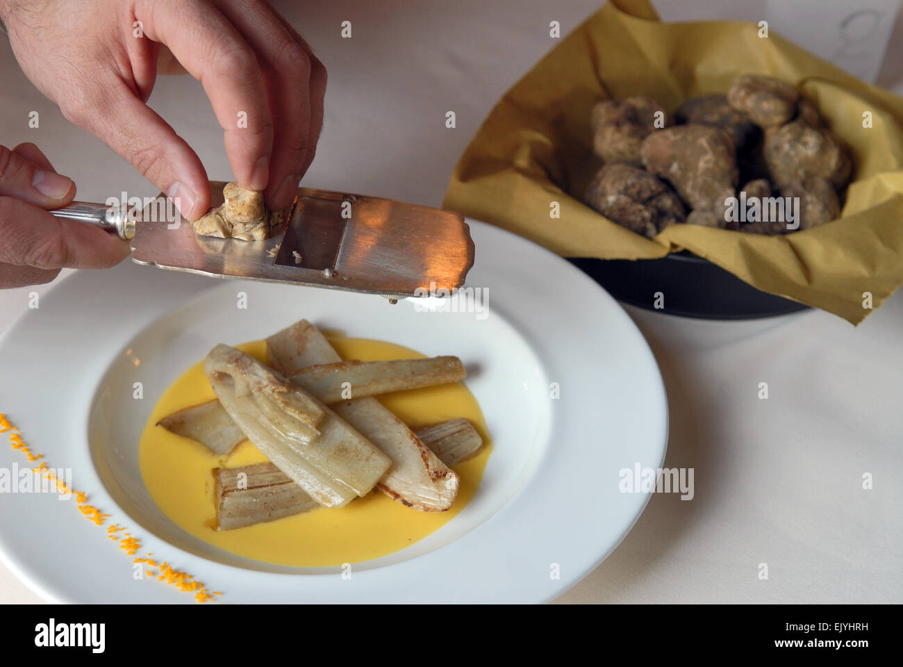 Guido Restaurant In Pollenzo Cuneo Piedmont Italy Grate Of White Truffle On Thistles Guido Restaurant In Pollenzo Cuneo Piedmont Italy Grate Of White Truffle On Thistles