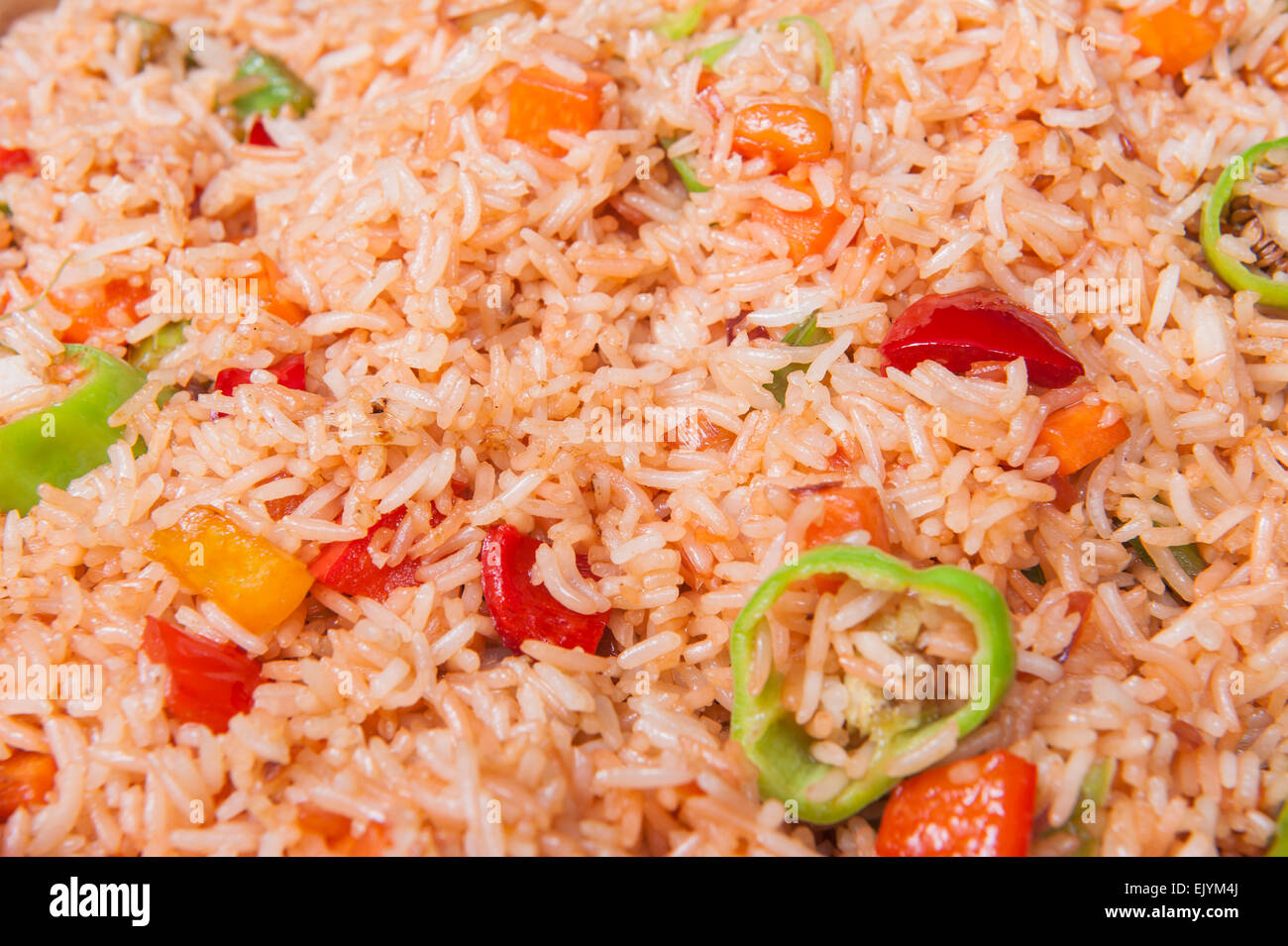 Closeup of chinese vegetable fried rice on display at a hotel restaurant buffet Stock Photo