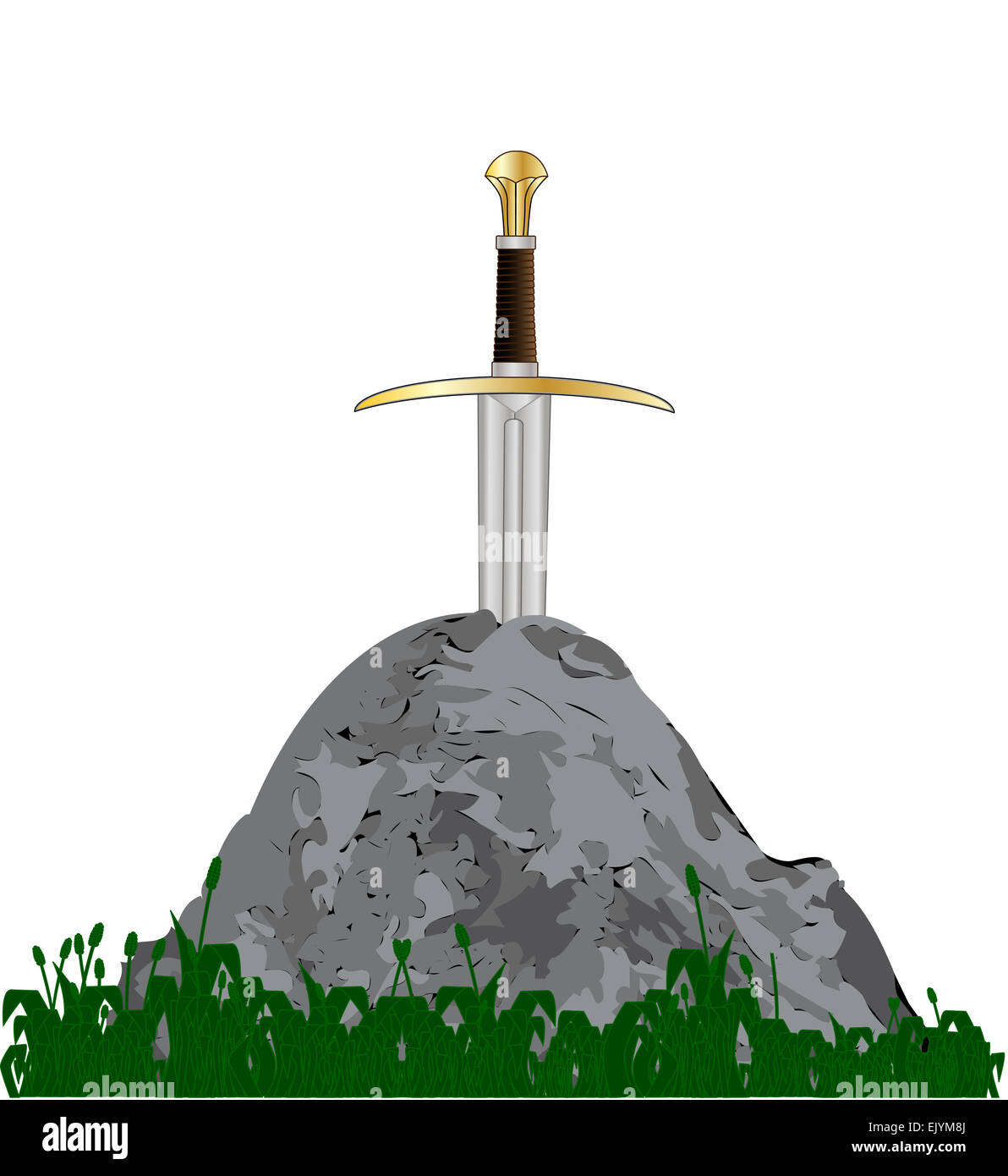 Excalibur King Arthur's sword in the stone over a white background Stock Photo