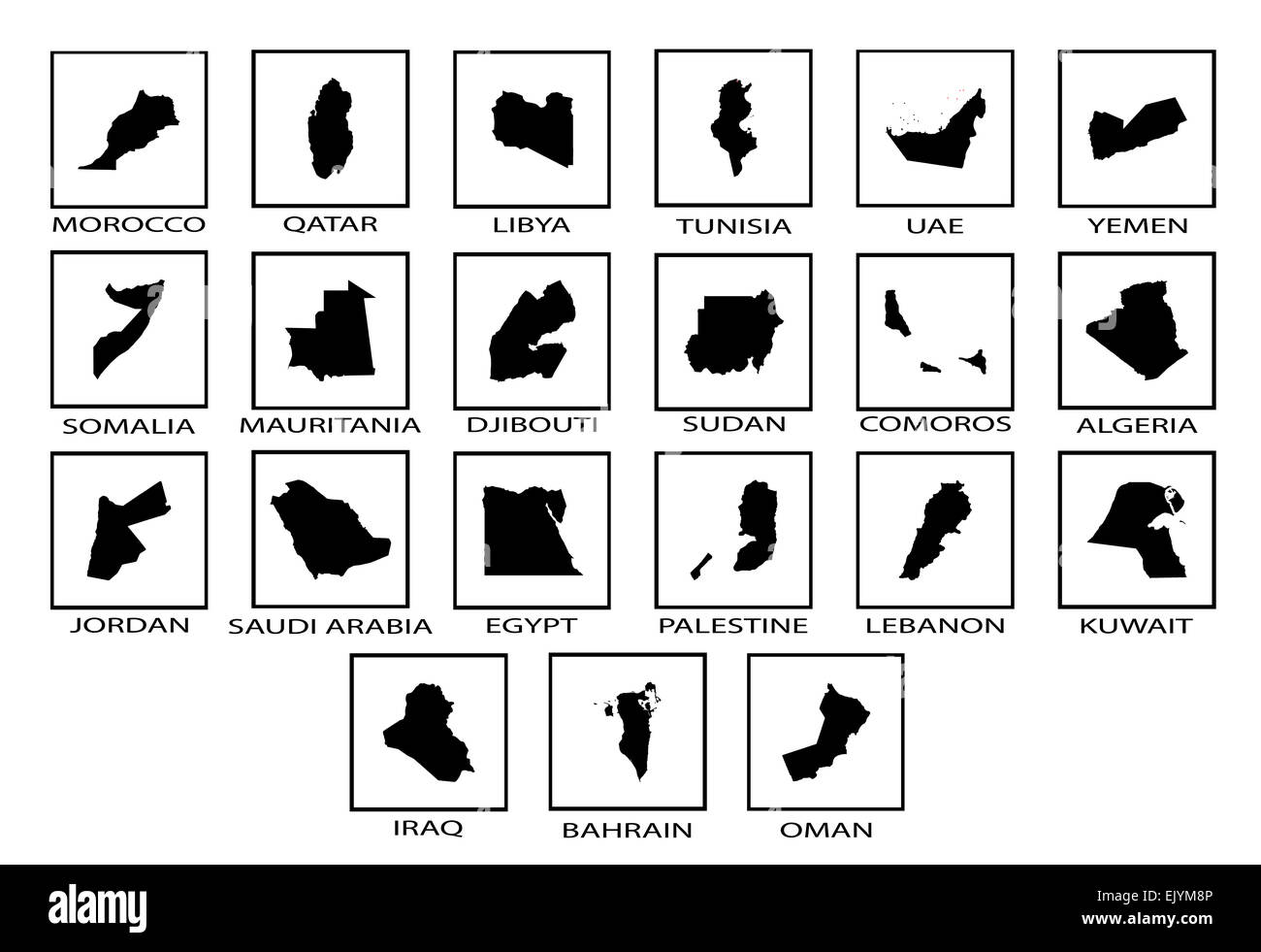 Silhouette maps of the countries of the Arab League Stock Photo