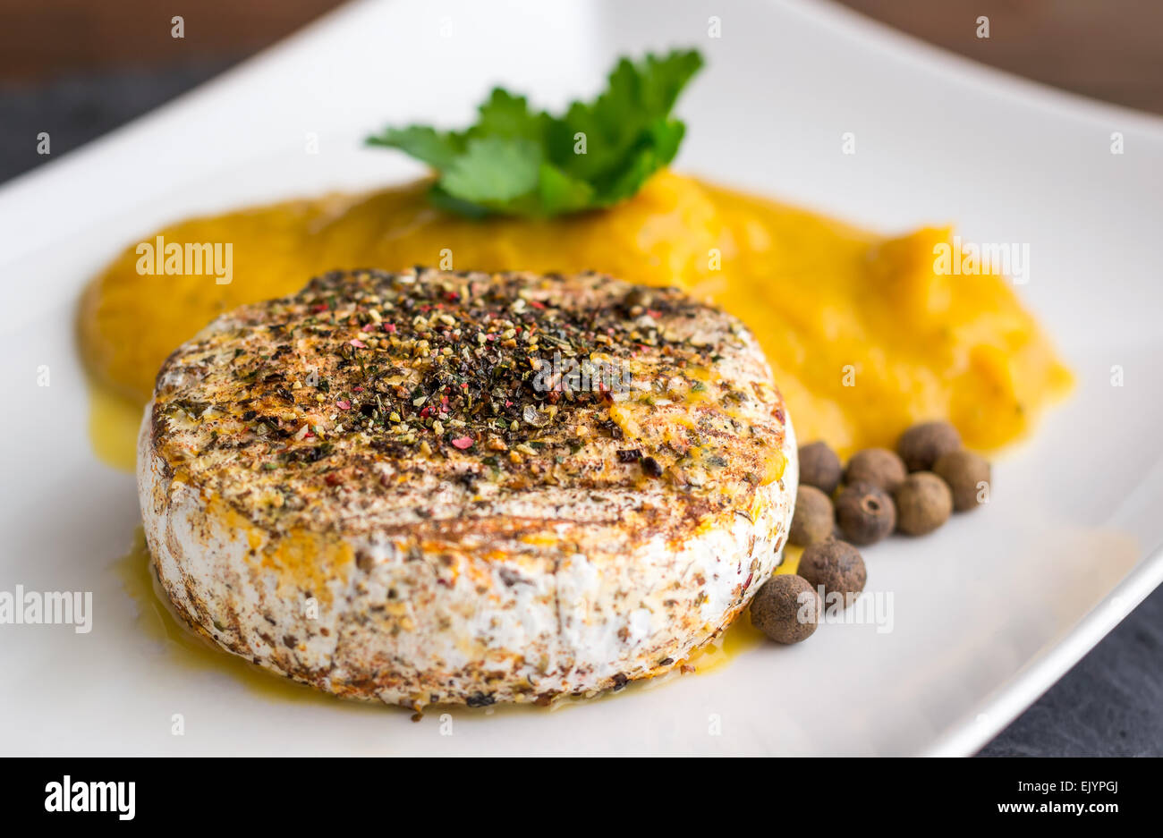Grilled Camembert Cheese with Spices and Pumpkin Puree on White Plate Stock Photo