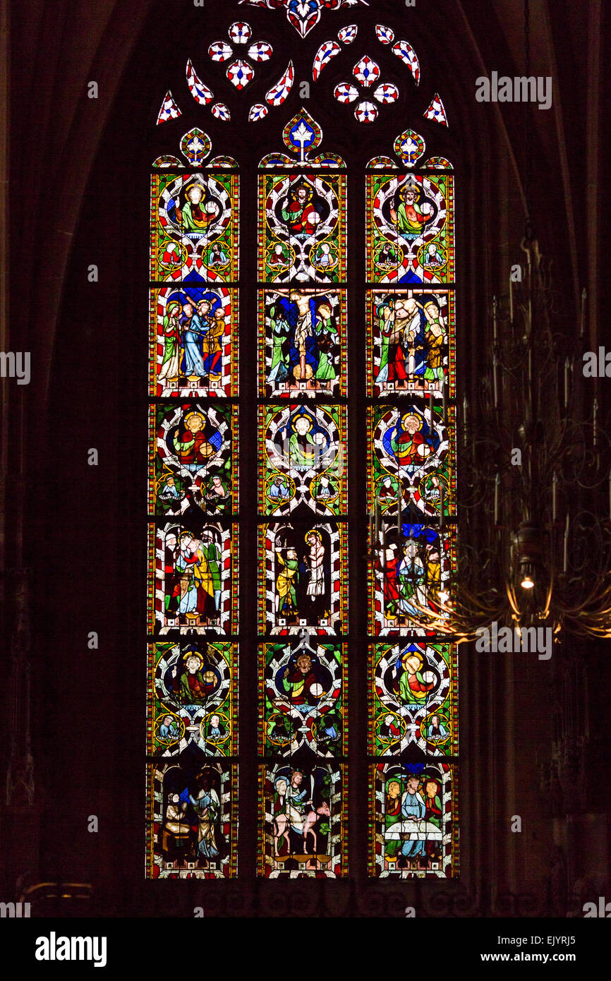 Stained glass windows in Notre Dame of Strasbourg Cathedral, France