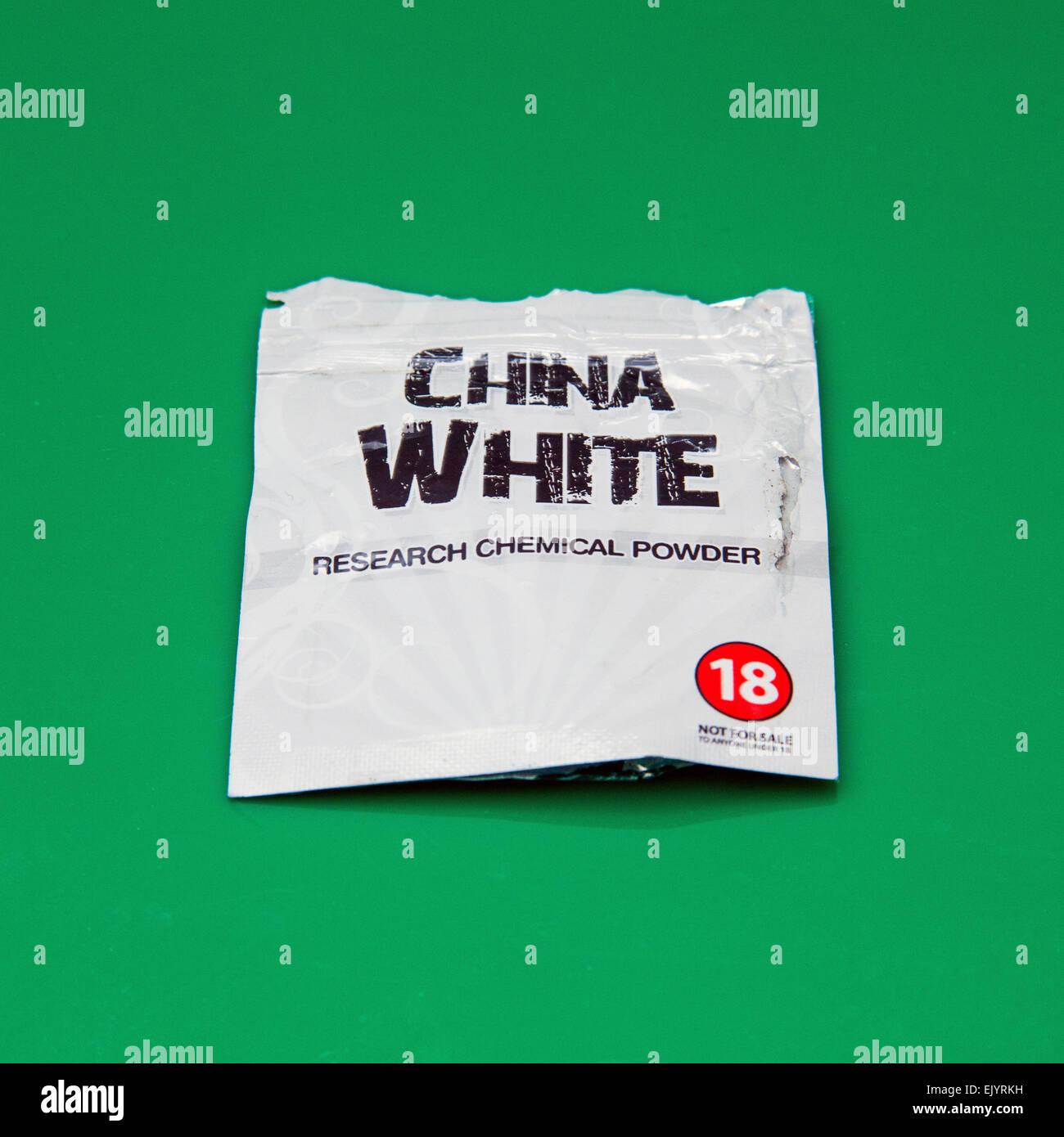 Packet of China White a legal high branded as a research chemical powder. Stock Photo