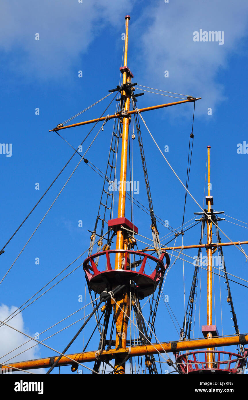 Masts and crow's nest on the replica of Golden Hind docked in St Mary Overie Dock, Bankside, London, England, UK Stock Photo