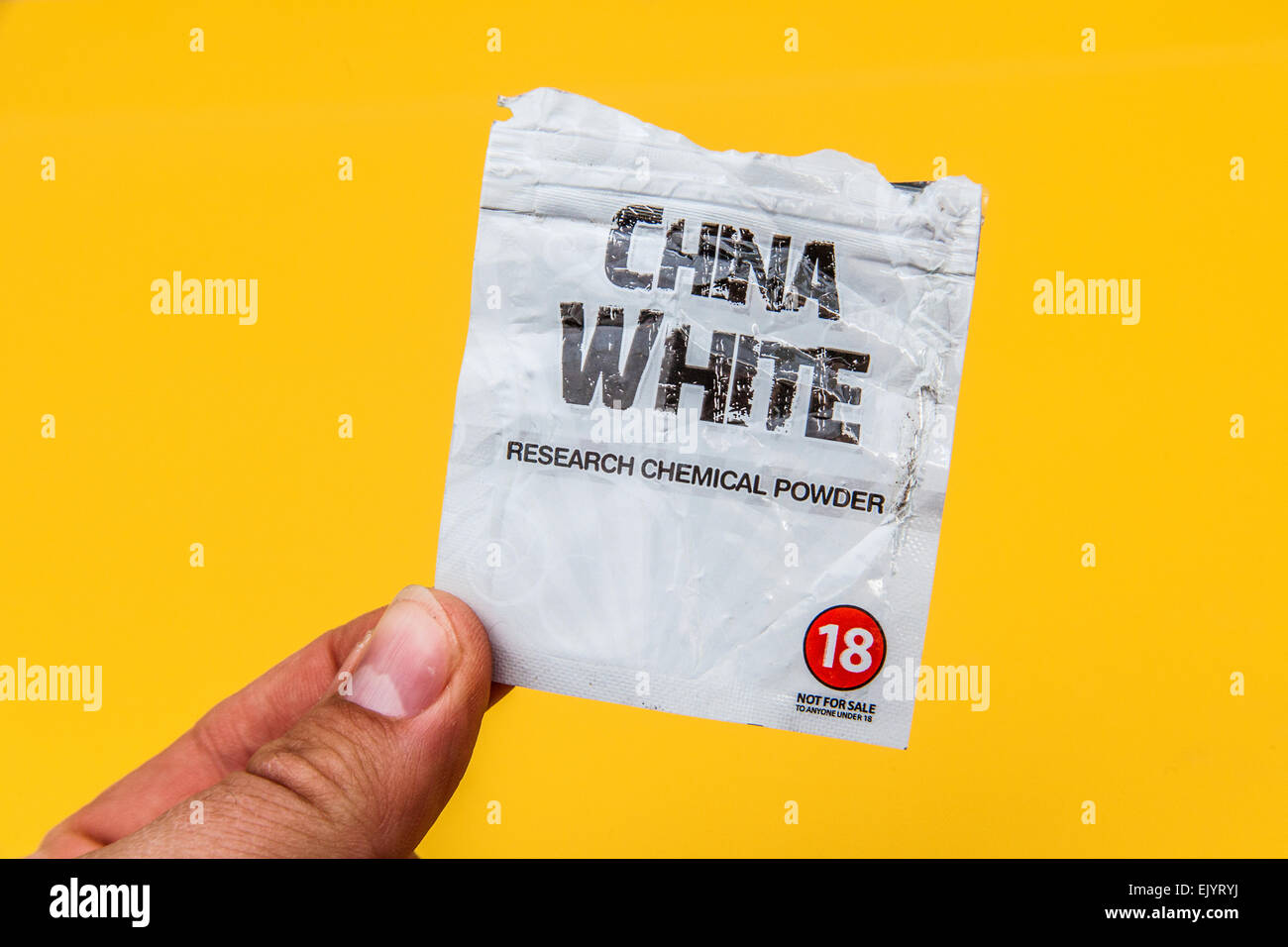 Packet of China White a legal high branded as a research chemical powder. Stock Photo