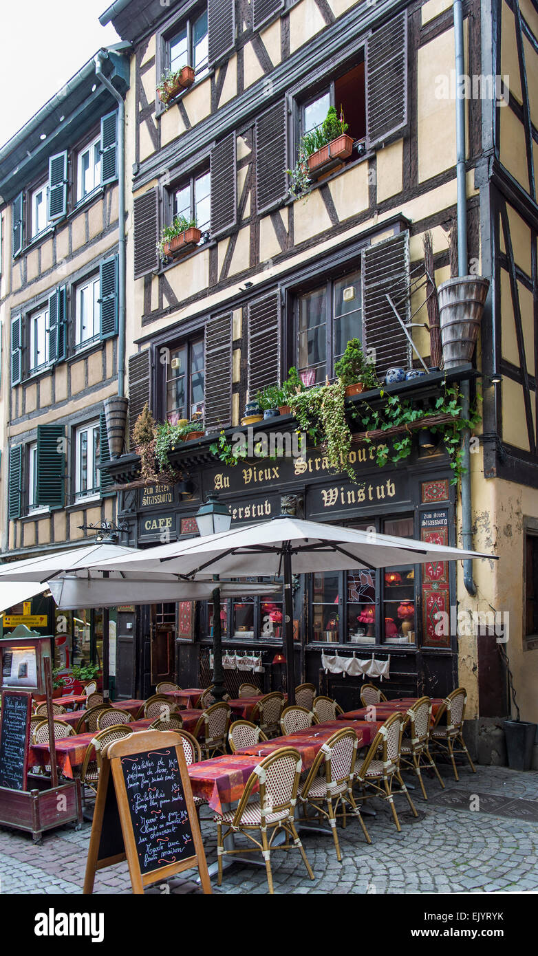 Street restaurant cafe tables and chairs, Strasbourg, France Stock Photo