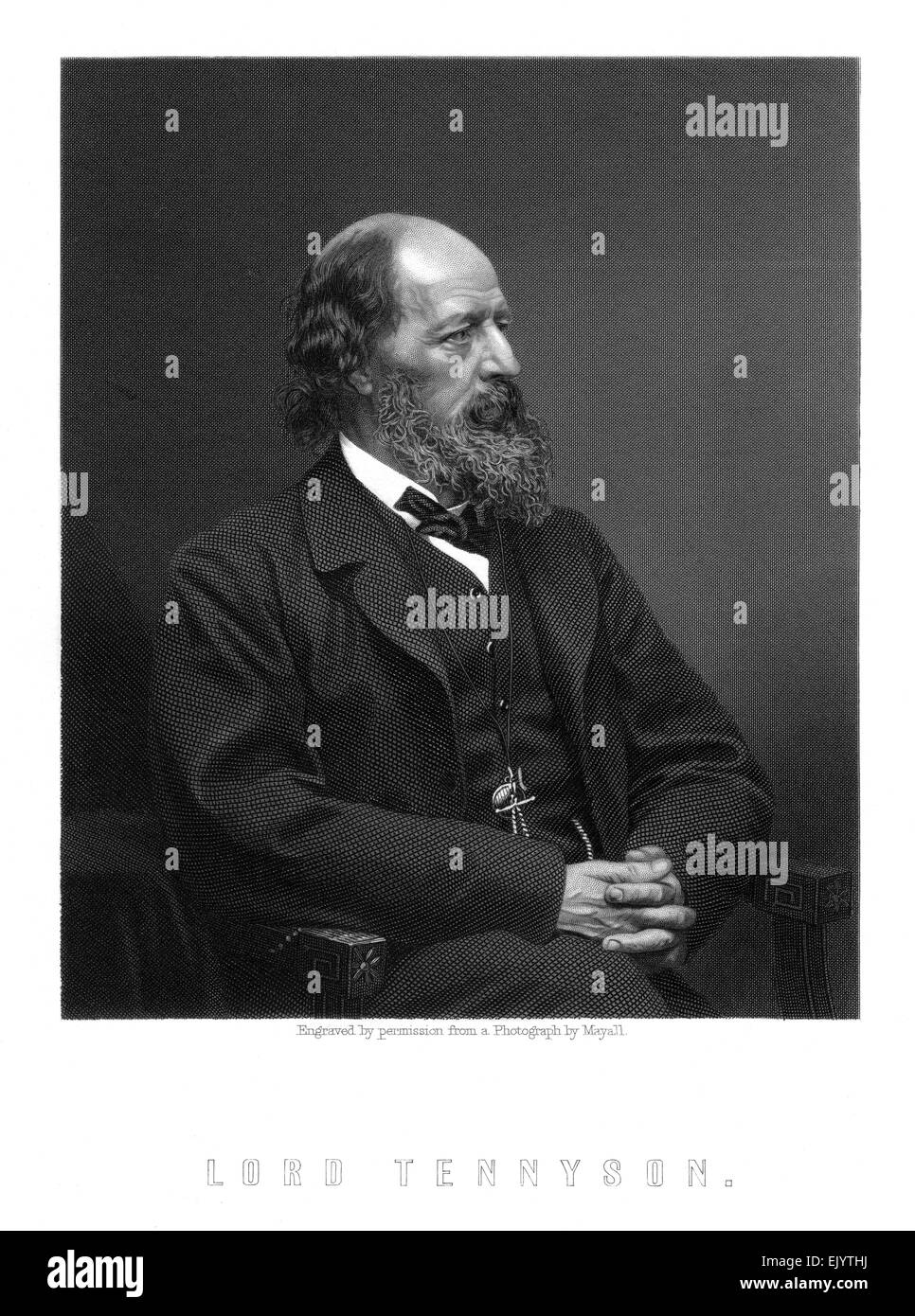 engraved portrait illustration of Alfred, Lord Tennyson (1809-1892) circa 1882, was Poet Laureate of Great Britain and Ireland during much of Queen Victoria's reign and remains one of the most popular British poets. Stock Photo