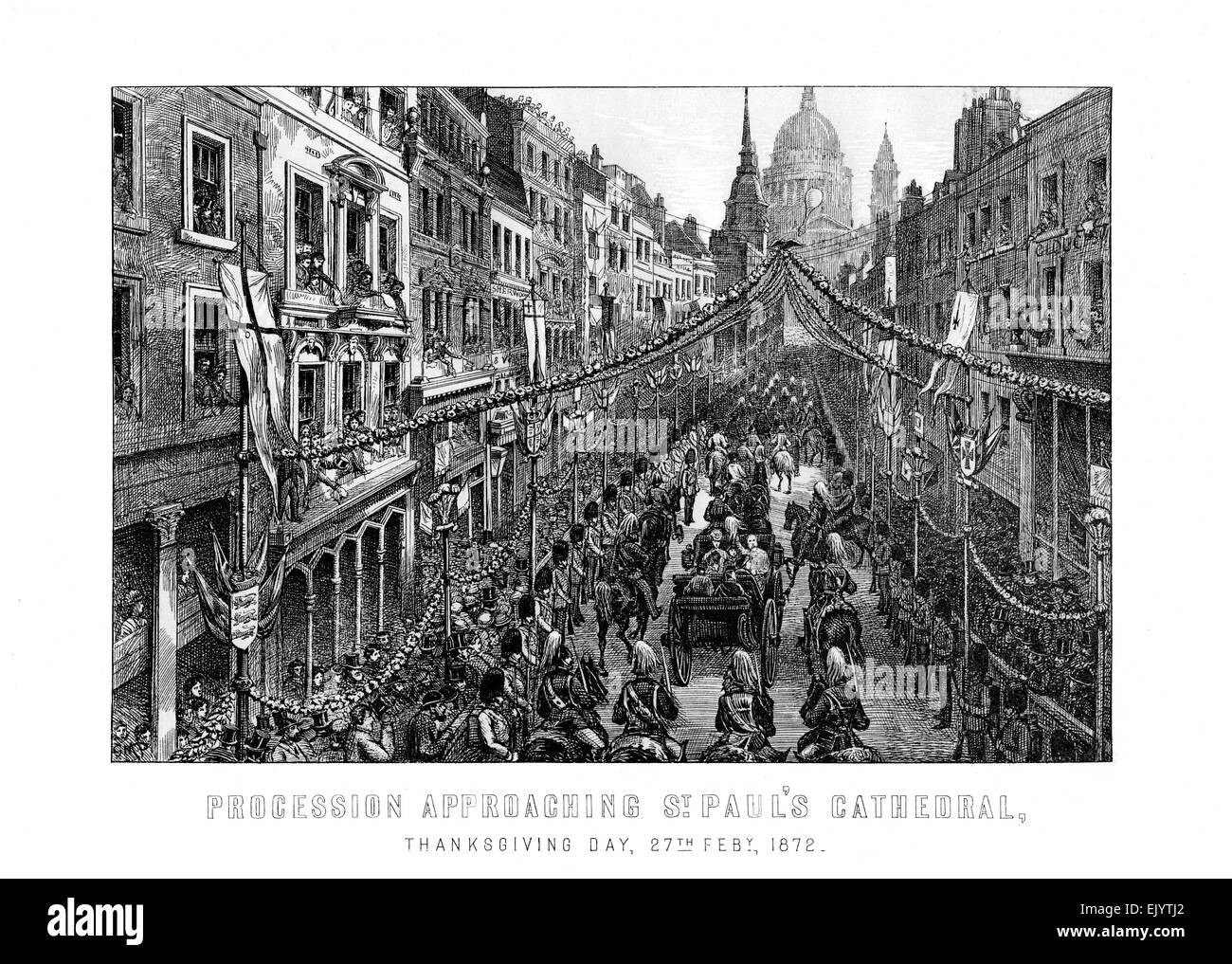 engraved illustration of Thanksgiving Day Parade approaching St. Paul’s Cathedral London 1872. Stock Photo