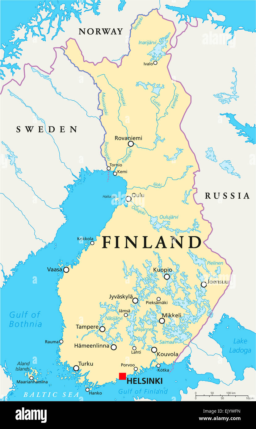 Finland Political Map with capital Helsinki, national borders, important cities, rivers and lakes. English labeling and scaling. Stock Photo