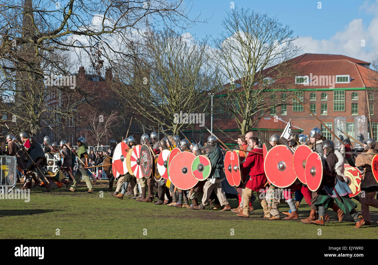 Vikings and Anglo Saxons fighting at the Viking Festival York North Yorkshire England UK United Kingdom GB Great Britain Stock Photo