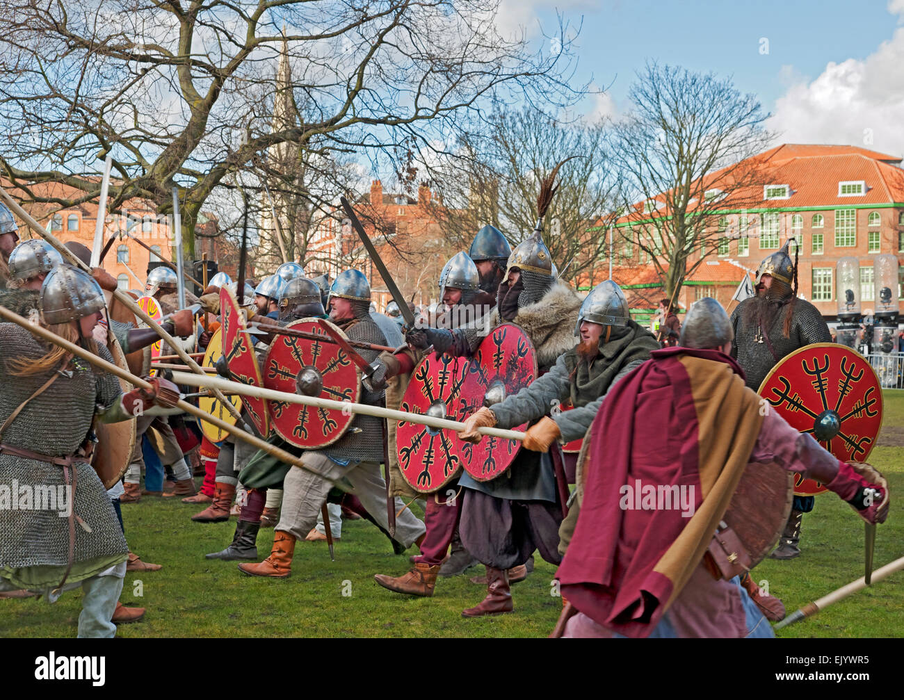 Battle fight between Vikings and Anglo Saxons at the Viking Festival York North Yorkshire England UK United Kingdom GB Great Britain Stock Photo