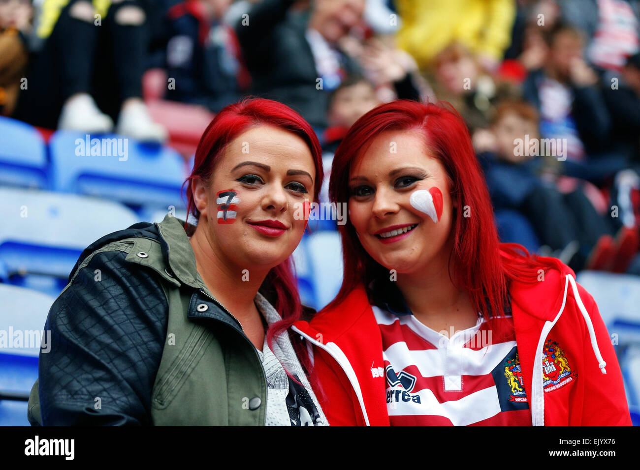 Wigan, UK. 03rd Apr, 2015. Super League Rugby. Wigan Warriors versus St Helens. Supporters await the start of the local derby game Credit:  Action Plus Sports/Alamy Live News Stock Photo