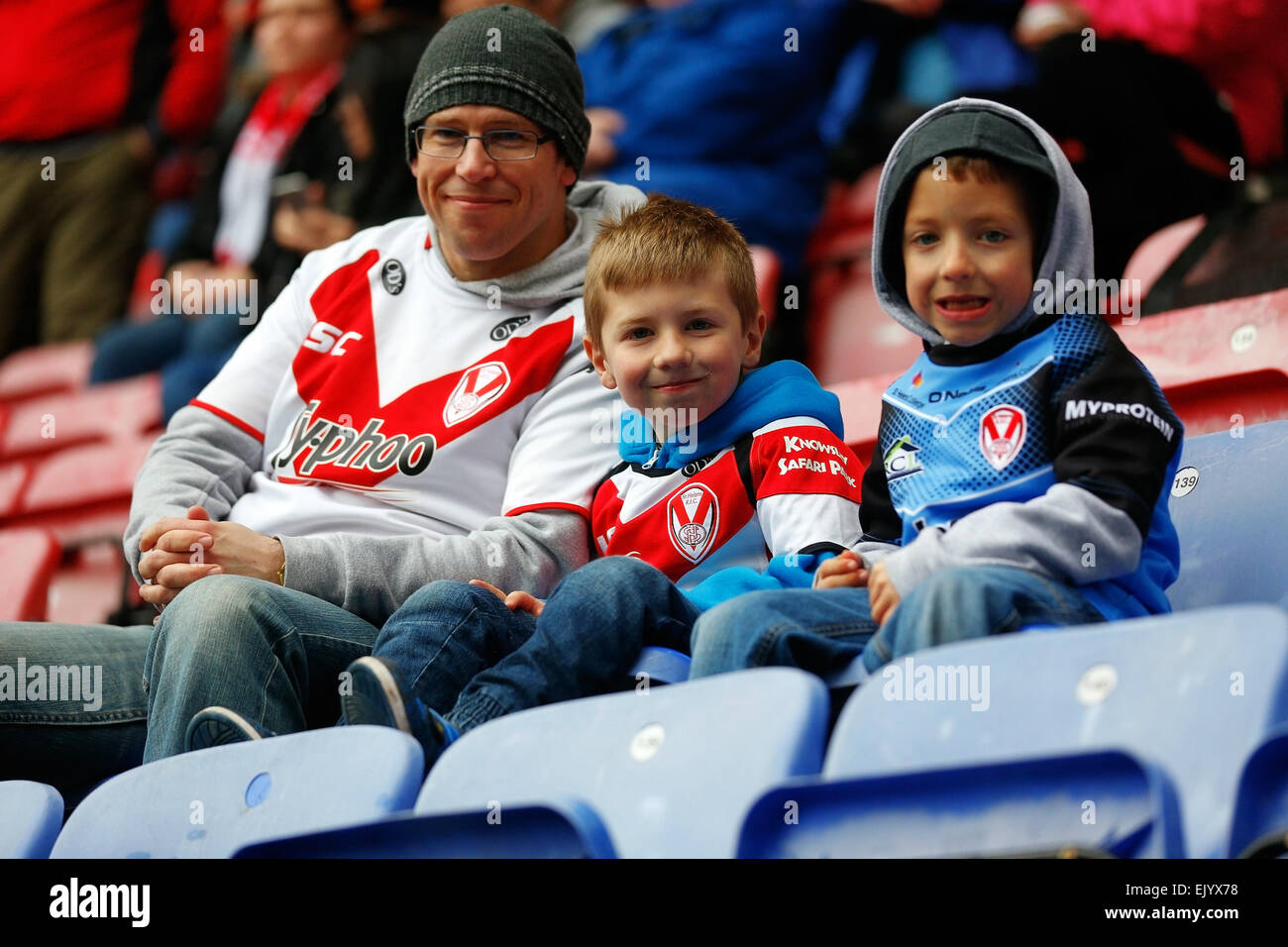 Wigan, UK. 03rd Apr, 2015. Super League Rugby. Wigan Warriors versus St Helens. Supporters await the start of the local derby game Credit:  Action Plus Sports/Alamy Live News Stock Photo