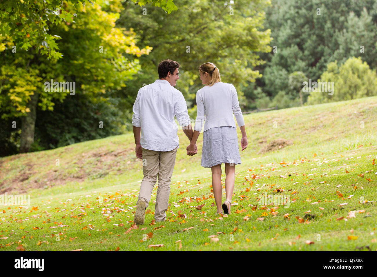 rear view of young couple walking hand in hand at the park Stock Photo ...
