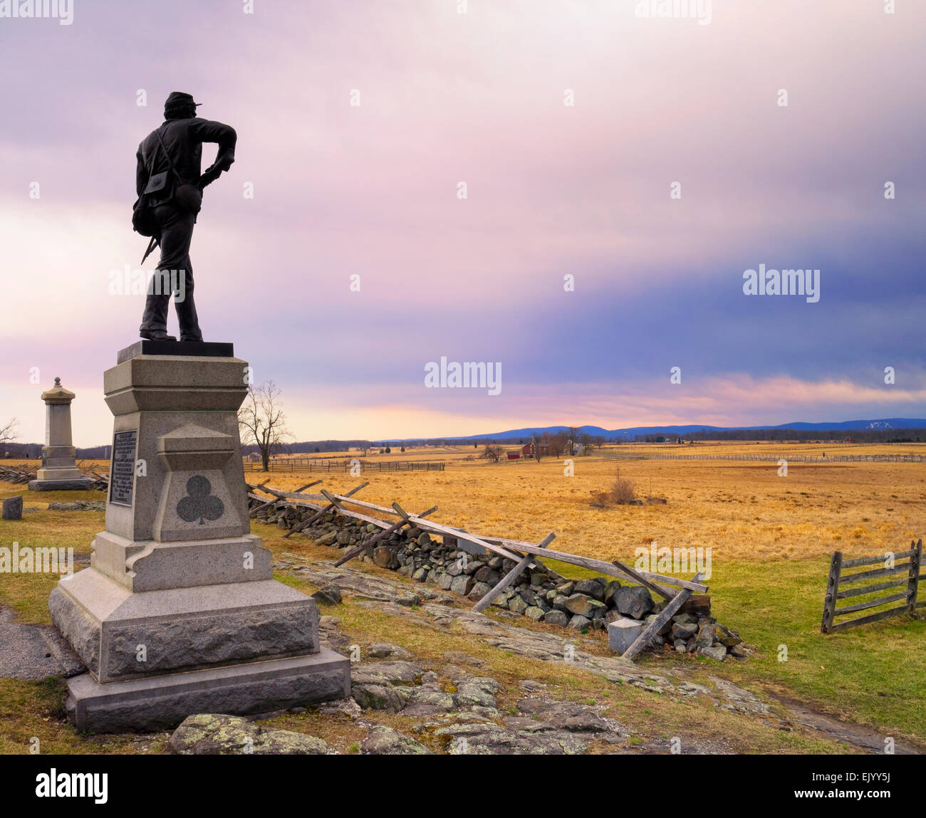 Monument Civil War Veterans of the 111th New York Infantry, Gettysburg National Military Park Gettysburg Pennsylvania stormy purple sunset add'l info Stock Photo