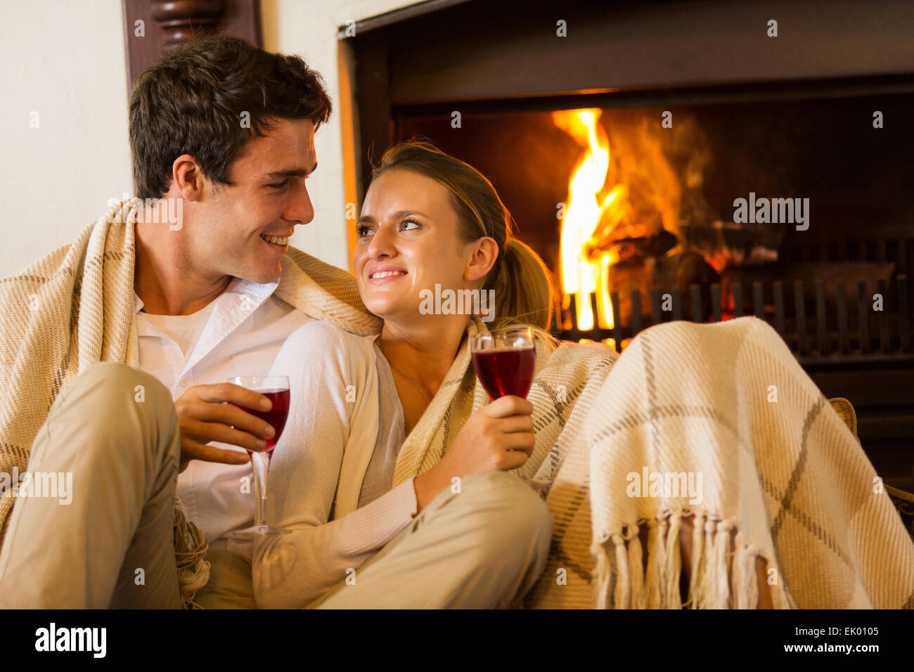 beautiful couple spend romantic evening drinking wine Stock Photo