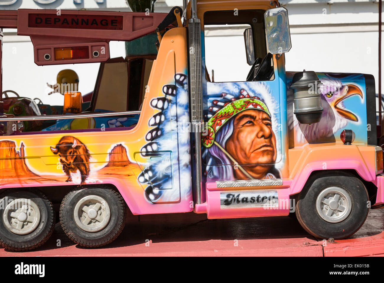 Close-up of a fairground ride truck with colourful native American imagery. Stock Photo