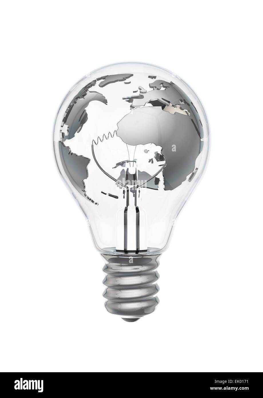 3D render of metallic relief map of earth inside light bulb Stock Photo