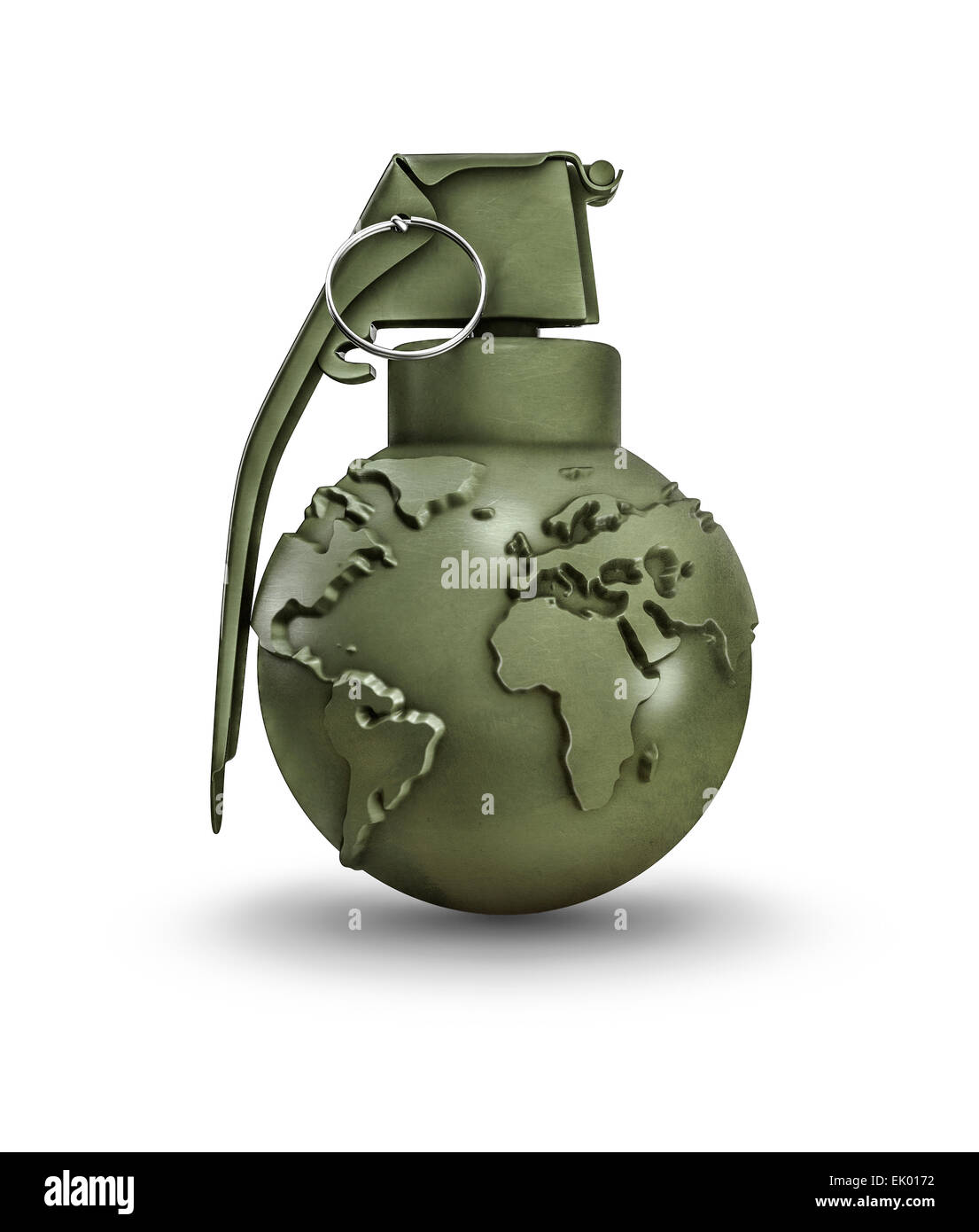 3D render of hand grenade with map of earth Stock Photo