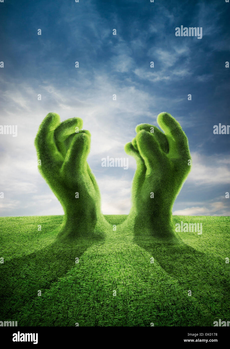 3D render of pleading grass covered hands rising from ground toward sky Stock Photo