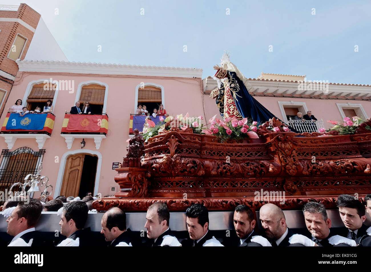 Albox, Almeria, Andalucia, Spain. 3 April, 2015: The Good Friday procession takes place in Albox, Andalucia. In line with other towns in Andalucia, Albox celebrates Easter with a number of religious processions. Penitents cover their heads and dress in traditional costumes to lead a procession of religious floats, called 'pasos' through the streets to the town centre. Credit:  Tom Corban/Alamy Live News Stock Photo