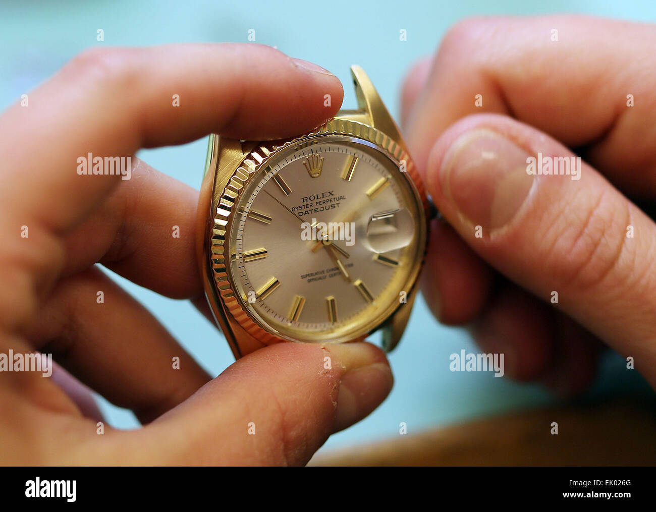 Wuppertal, Germany. 5th Mar, 2015. A Rolex being wound at the Uhrenmuseum (clock museum) in Wuppertal, Germany, 5 March 2015. Photo: Oliver Berg/dpa/Alamy Live News Stock Photo