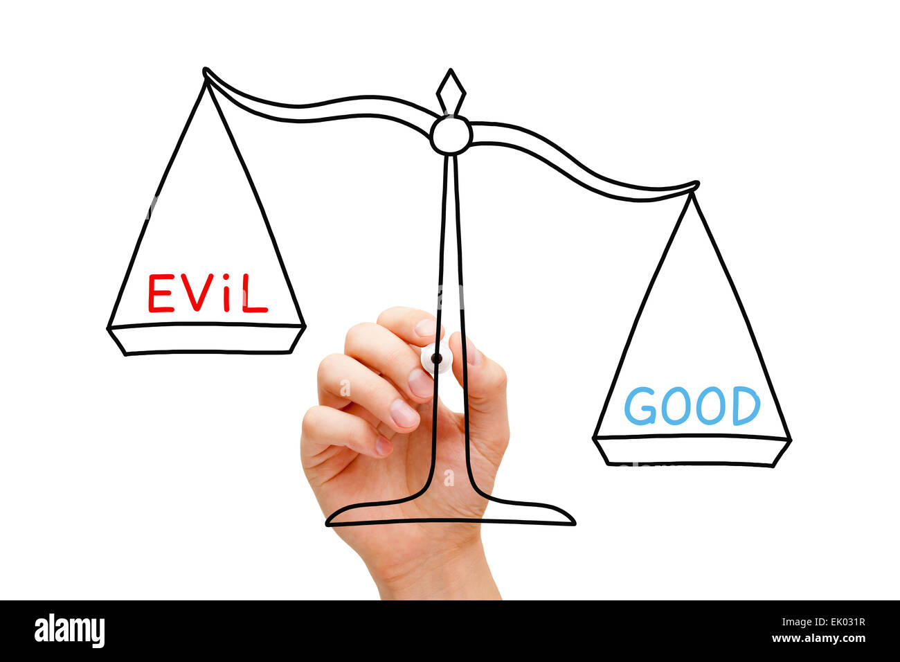 Hand drawing Good or Evil scale concept with marker on transparent wipe board isolated on white. Stock Photo
