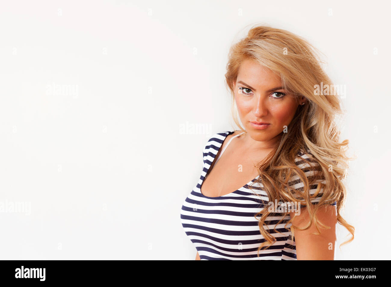 Blonde Latina Girl Black & White Striped Shirt Isolated Stock Photo