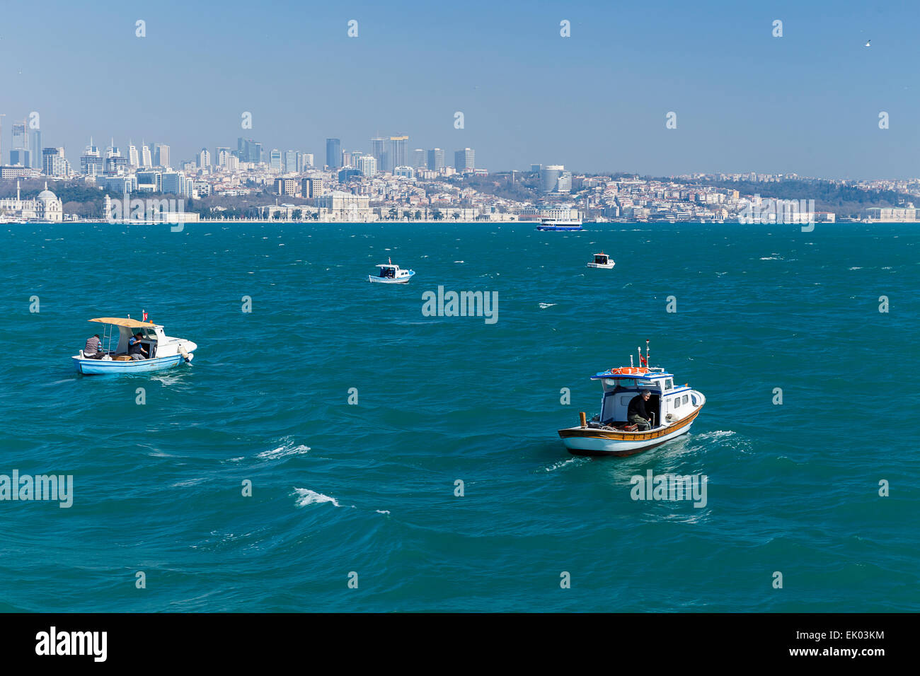 Small boats in the bay of the Golden Horn in Istanbul Stock Photo