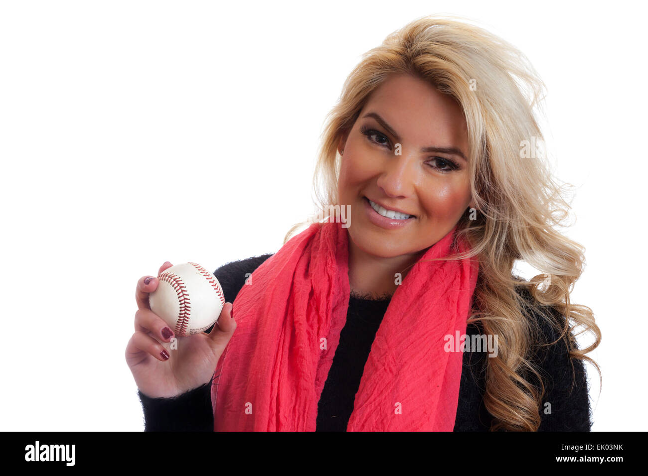 A pretty, Latina, blonde  in a pink scarf holding a baseball in her hand. Isolated on a white background. Stock Photo