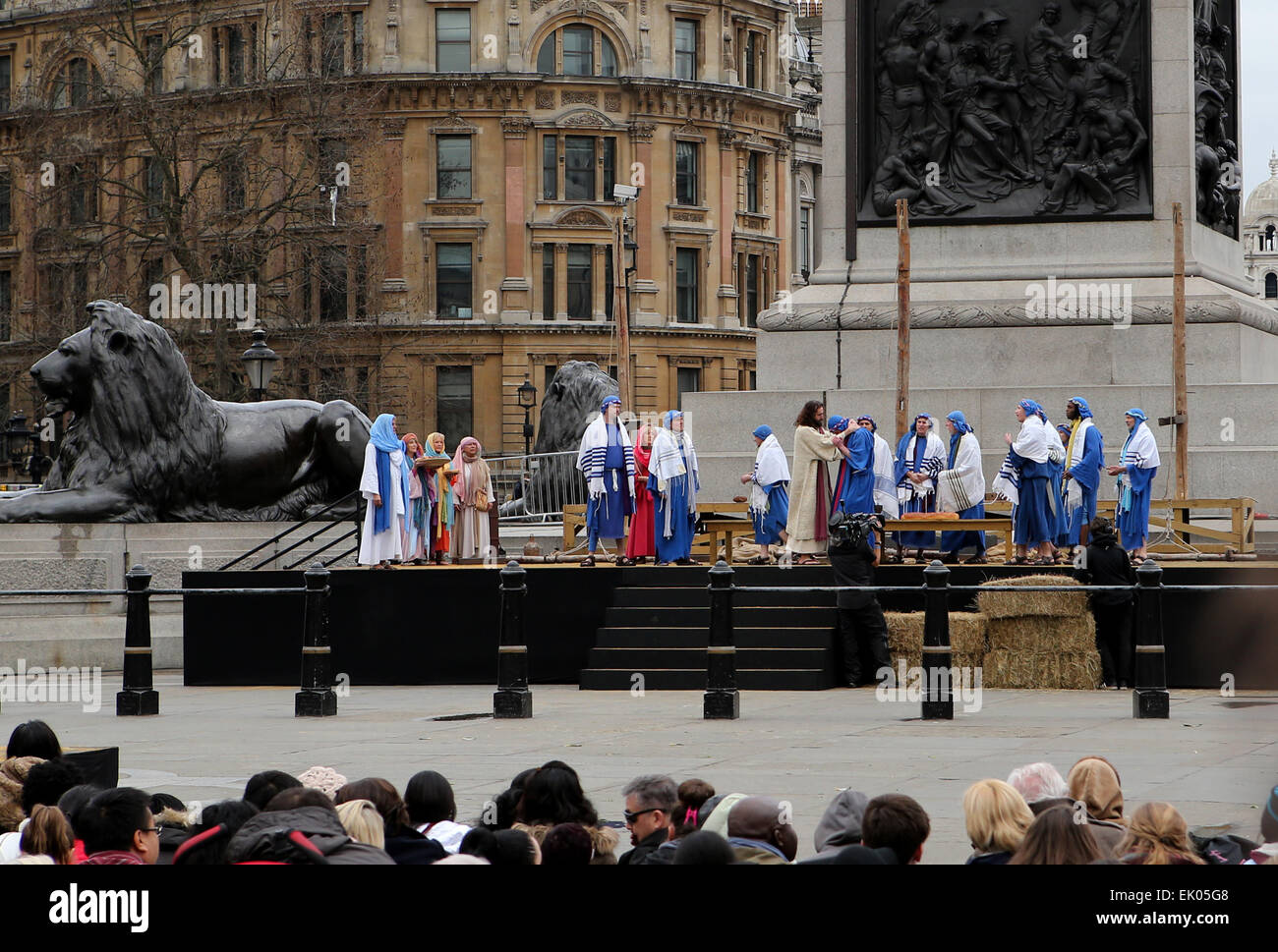 London, Britain. 3rd Apr, 2015. Actors perform 'The Passion of Jesus' marking Good Friday in Trafalgar Square in London, Britain, on April 3, 2015. Good Friday is a Christian holiday before Easter Sunday, which commemorates the crucifixion of Jesus Christ on the cross. The Wintershall's theatrical production of 'The Passion of Jesus' includes a cast of 100 actors, horses, a donkey and authentic costumes of Roman soldiers in the 12th Legion of the Roman Army. Credit:  Han Yan/Xinhua/Alamy Live News Stock Photo