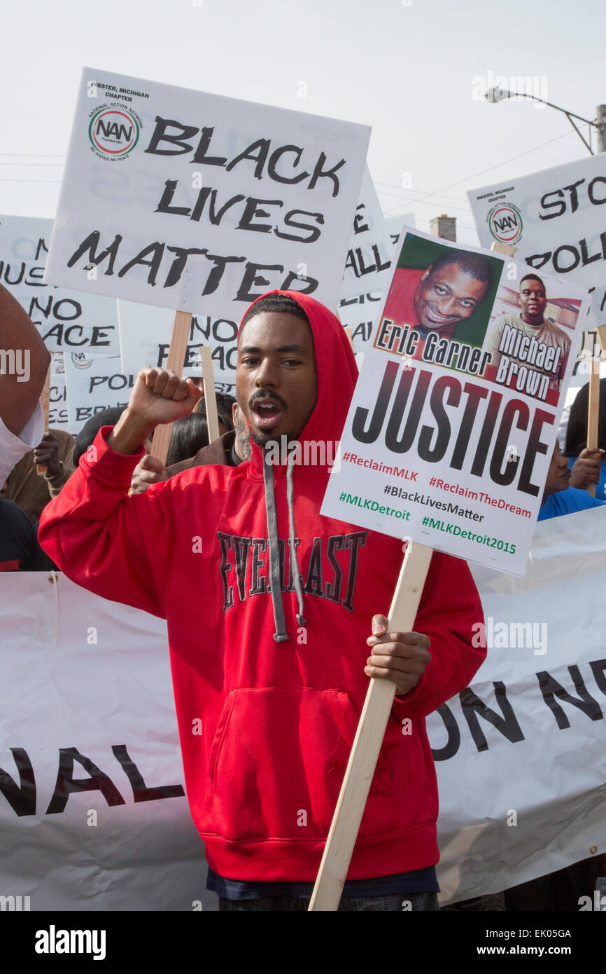 Inkster, Michigan USA. 3 April 2015. Hundreds marched to protest the beating of Floyd Dent, an African-American auto worker, by white police officers. The beating was captured on a police car's video camera and was widely televised. Credit:  Jim West/Alamy Live News Stock Photo