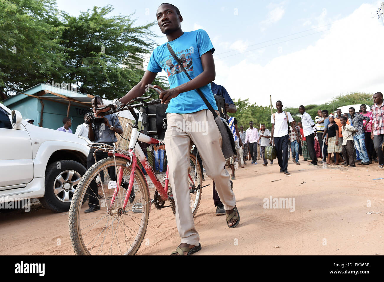 Garissa, Kenya. 3rd Apr, 2015. A student leaves the campus of Moi University in Garissa, northeastern Kenya, April 3, 2015. Ambulances were seen going in and out of the university campus on Friday morning, as police cordoned off the campus and deployed security forces patrolling around major roads in Garissa. Credit:  Sun Ruibo/Xinhua/Alamy Live News Stock Photo