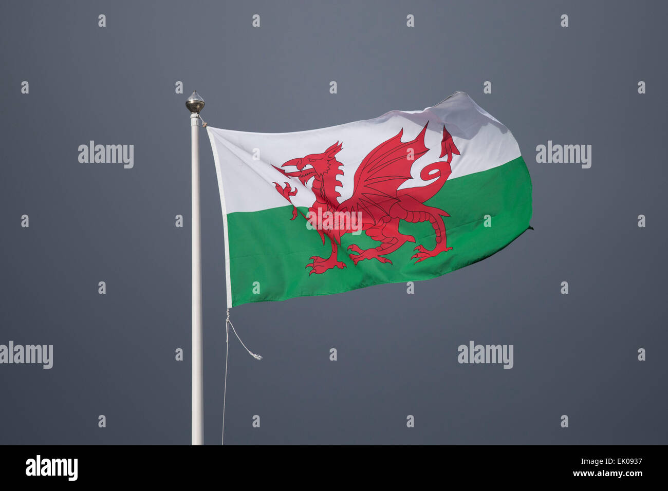 A Welsh flag against a dark, moody sky in Cardiff, Wales. Stock Photo