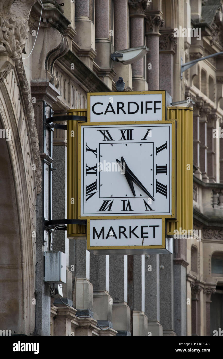 Cardiff Market clock in Cardiff, south Wales Stock Photo Alamy