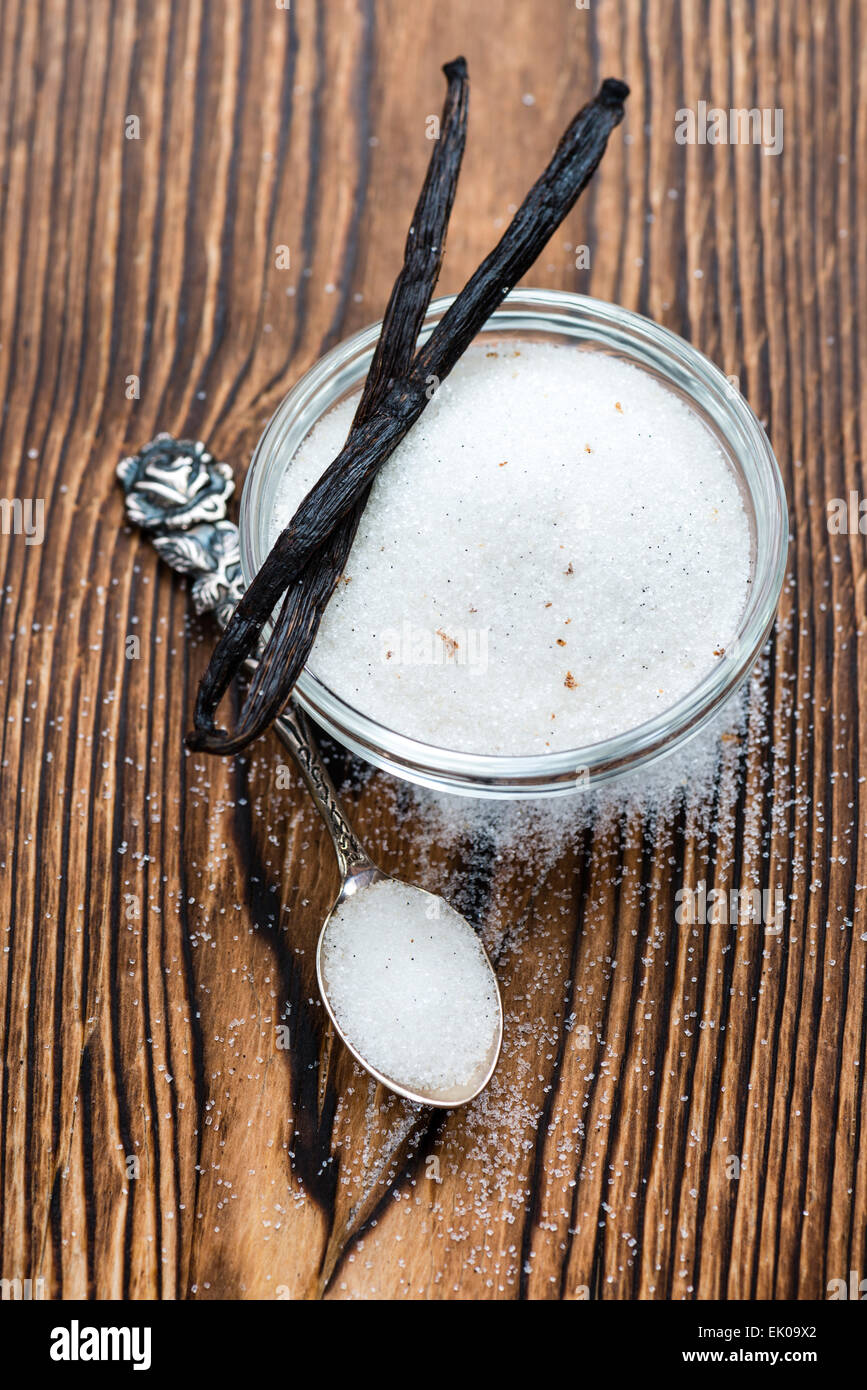 White Vanilla Sugar on rustic wooden background Stock Photo
