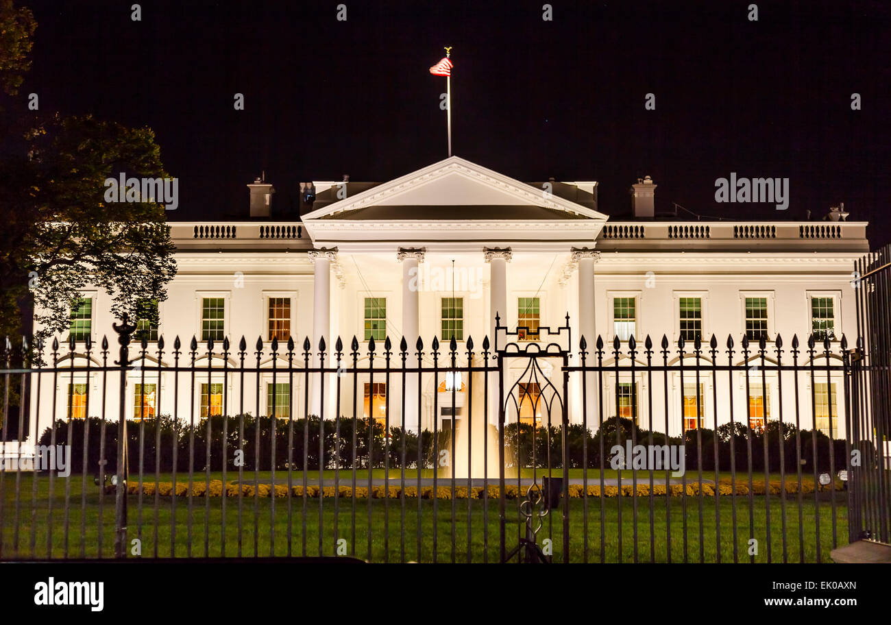 Presidential White House Fence Fountain Pennsylvania Ave Night Washington DC Stock Photo