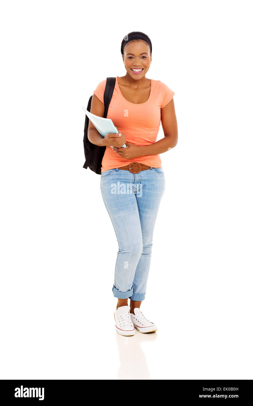 full length portrait of young female African college student on white Stock Photo