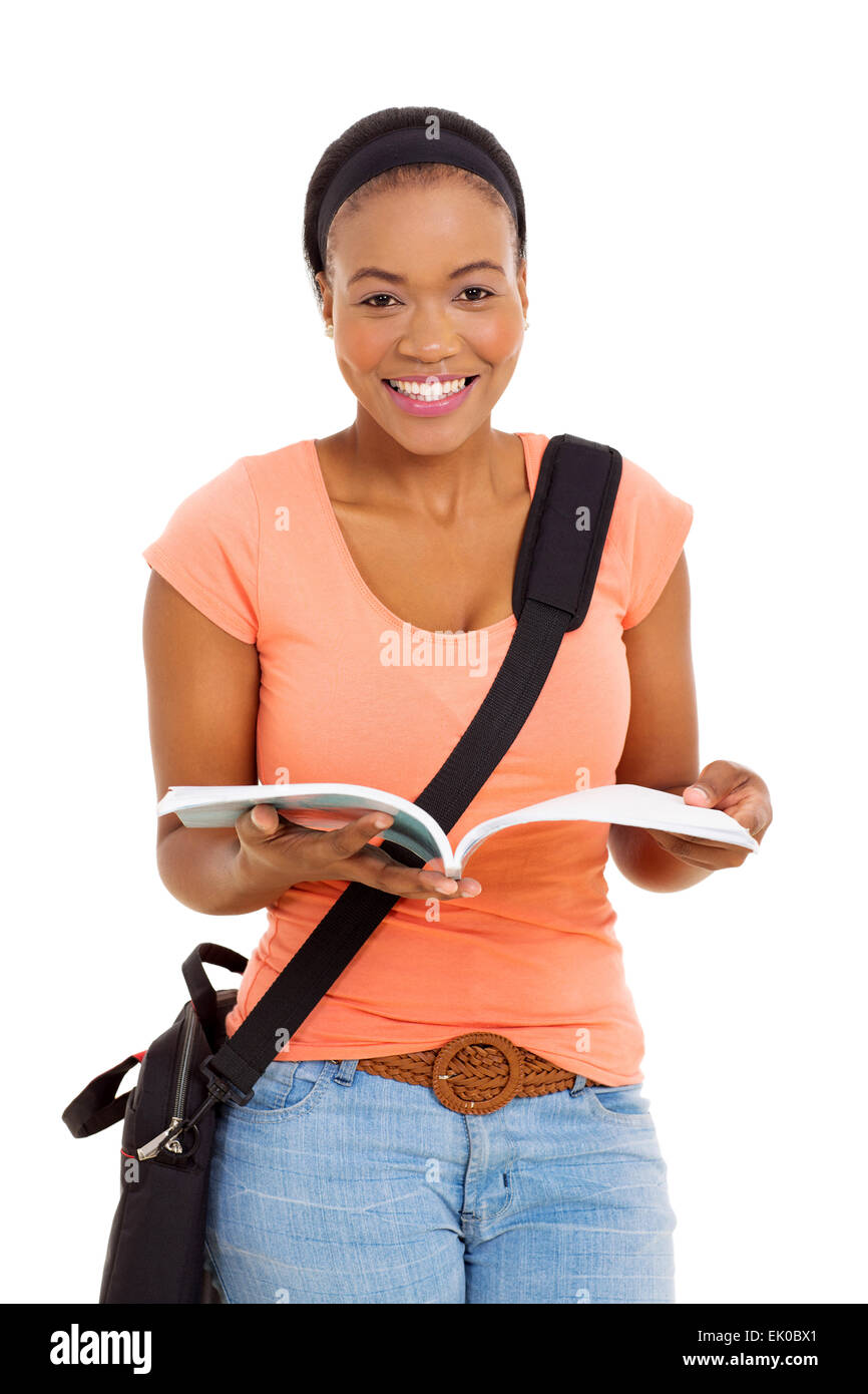 pretty African female college student reading a book Stock Photo