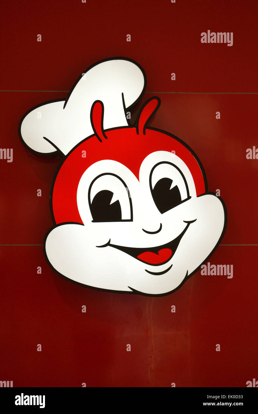 Mascot of Jollibee fast food restaurant as seen illuminated. Jollibee