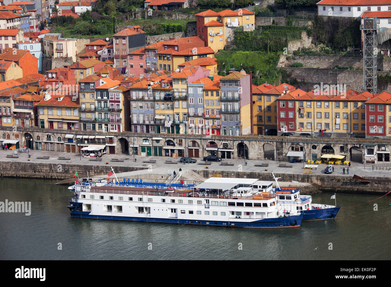 Old Town of Porto in Portugal. Cruise ships docked at old waterfront in