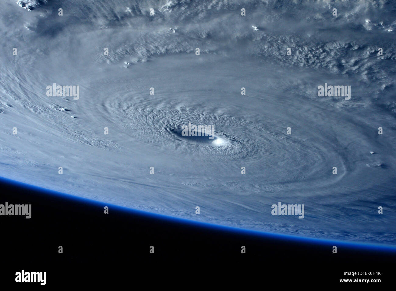 View from the International Space Station of the massive category 5 Typhoon Maysak eye as it approaches the Philippine Islands March 31, 2015. The super Typhoon is expected to land on the upcoming Easter weekend. Stock Photo