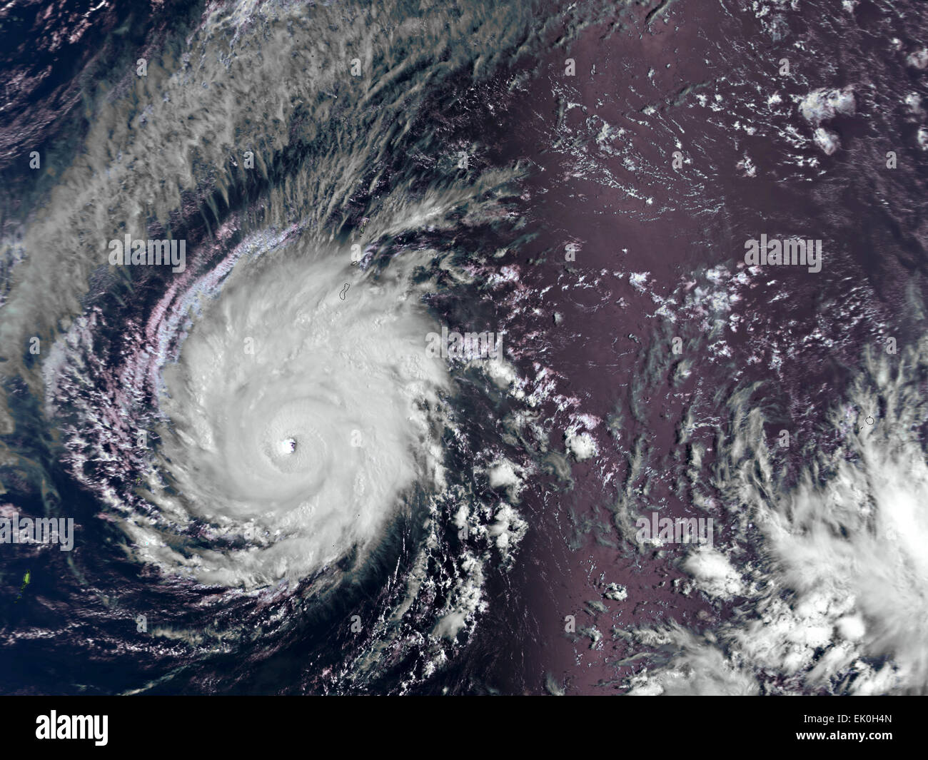 View of the massive category 5 Typhoon Maysak as it approaches the Philippine Islands March 30, 2015 captured by the AVHRR instrument onboard EUMETSAT's Metop-B polar-orbiting satellite. The super Typhoon is expected to land on the upcoming Easter weekend. Stock Photo
