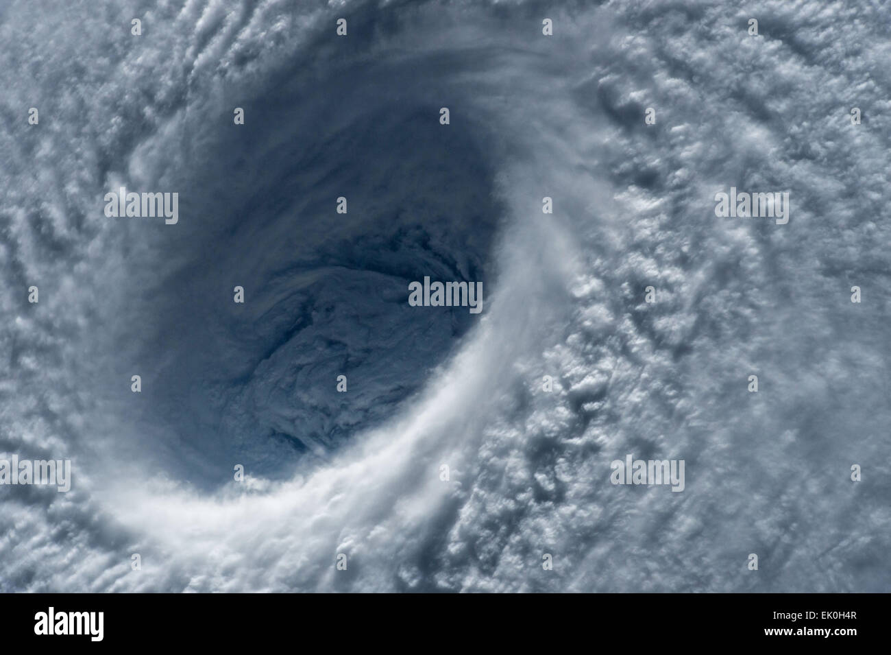 View from the International Space Station of the massive category 5 Typhoon Maysak eye as it approaches the Philippine Islands March 31, 2015. The super Typhoon is expected to land on the upcoming Easter weekend. Stock Photo