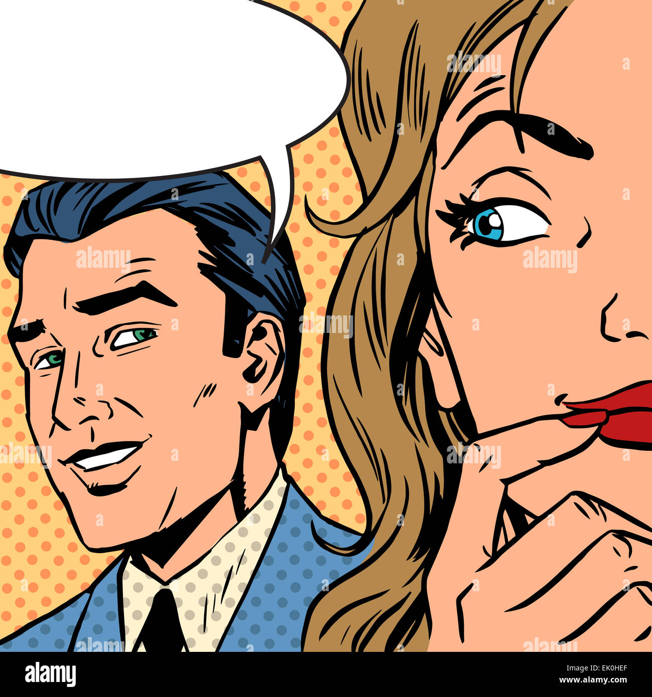 Pop art vintage comic. The man calls the woman retro style comic. Cloud for the text. Gossip and rumors talk about love. Retro s Stock Photo