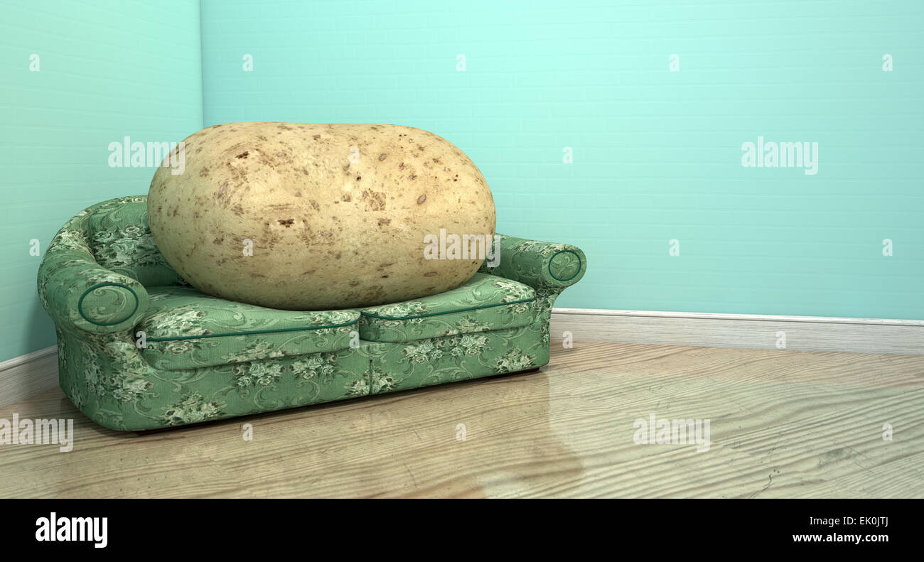 A literal depiction of a potato sitting on an old vintage sofa with a floral fabric in the corner of an empty room with light bl Stock Photo