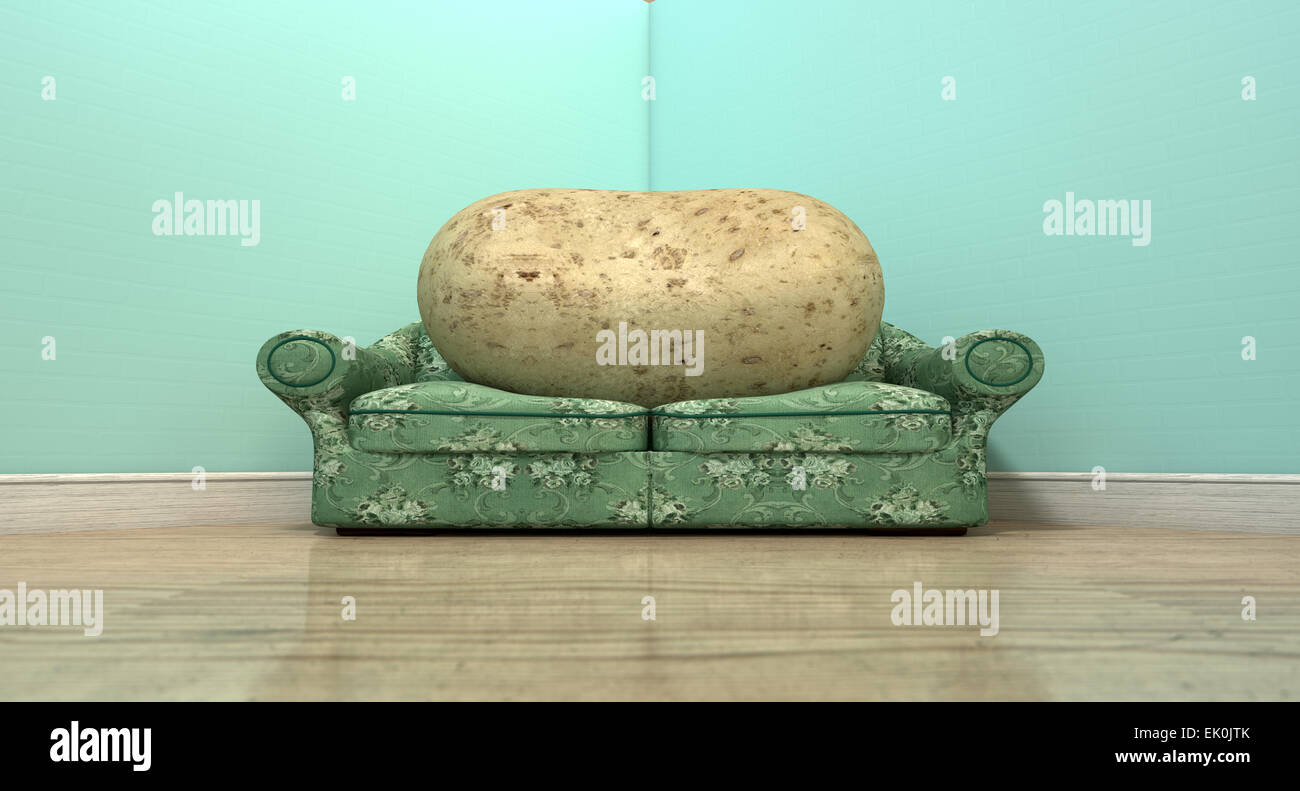 A literal depiction of a potato sitting on an old vintage sofa with a floral fabric in the corner of an empty room with light bl Stock Photo