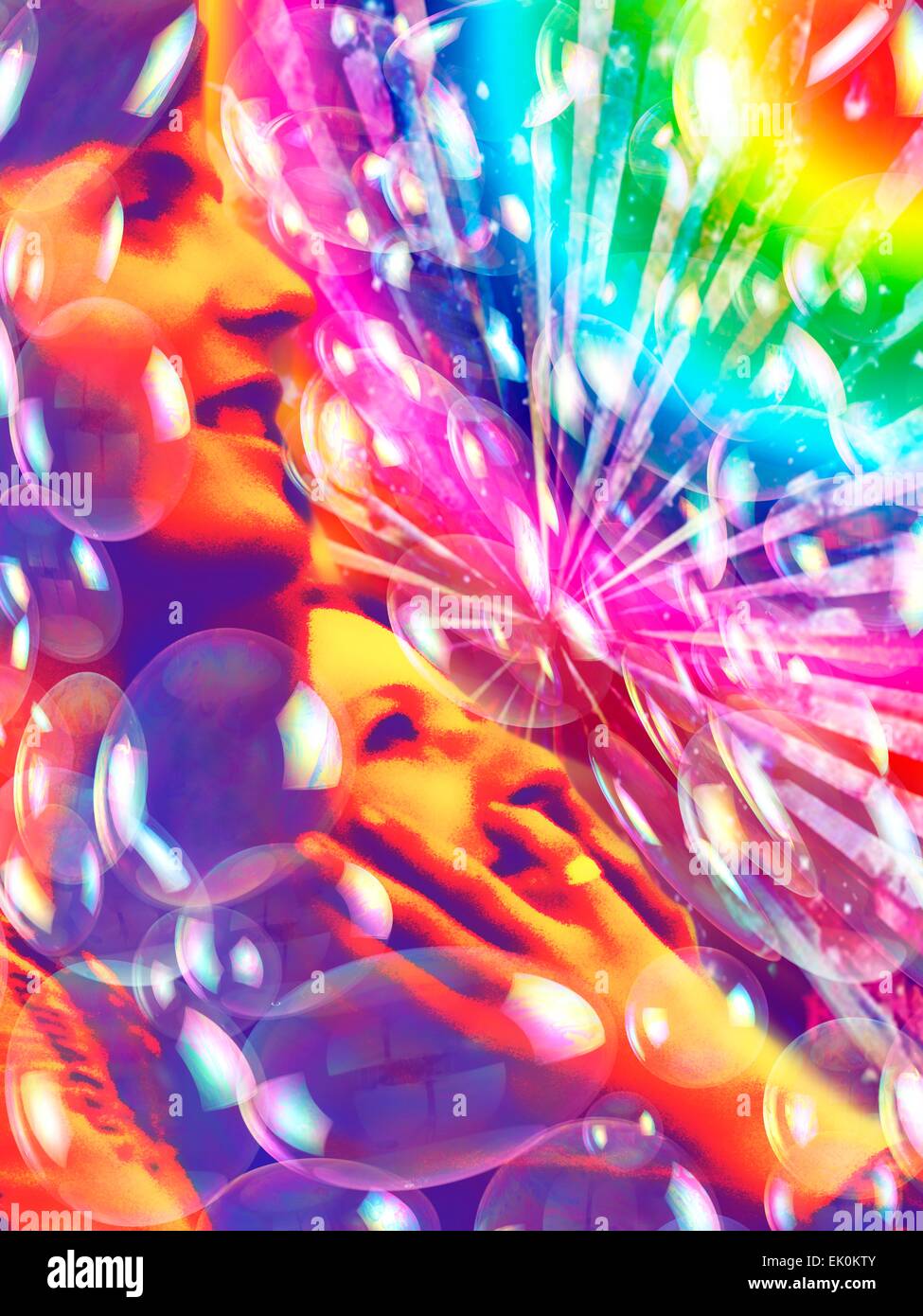 artwork, digitally generated, illustration, nobody, no one, no-one, psychedelic, colourful, colorful, bright, bright colour, bright colours, bright color, bright colors, multicoloured, multicolour, multicolored, ethereal, atmospheric, atmosphere, backgrou Stock Photo