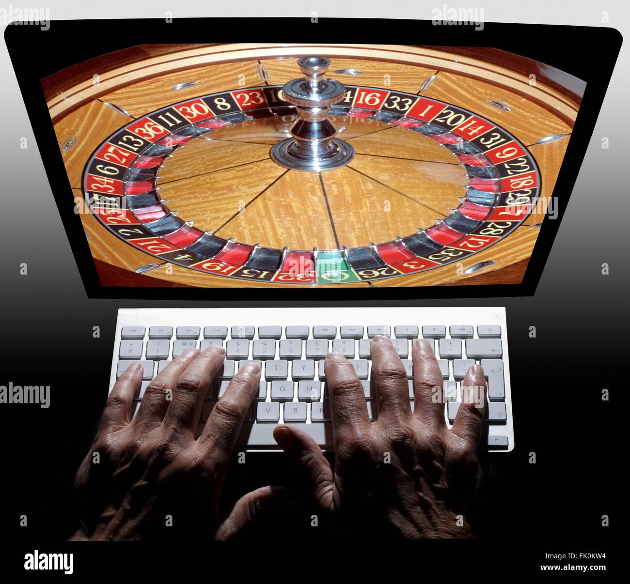 adult, one person, high angle view, high angle, hands, using, computer keyboard, typing, technology, technological, online gambling, roulette wheel, playing, game, gambling, risk, chance Stock Photo