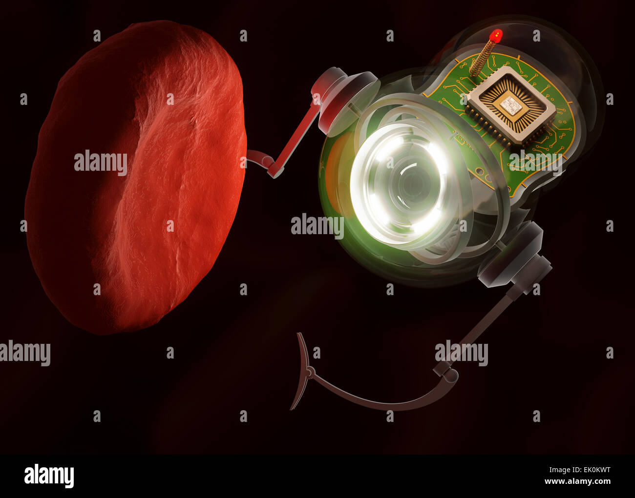 artwork, digitally generated, illustration, nobody, no one, no-one, 3d, 3 dimensional, three dimensional, biology, biological, blood, red blood cell, nanobot, nanorobot, immune system, health, technology, technological Stock Photo